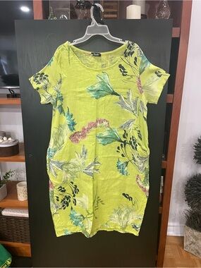 FROCELLA Lime Green Floral Linen Shift Dress